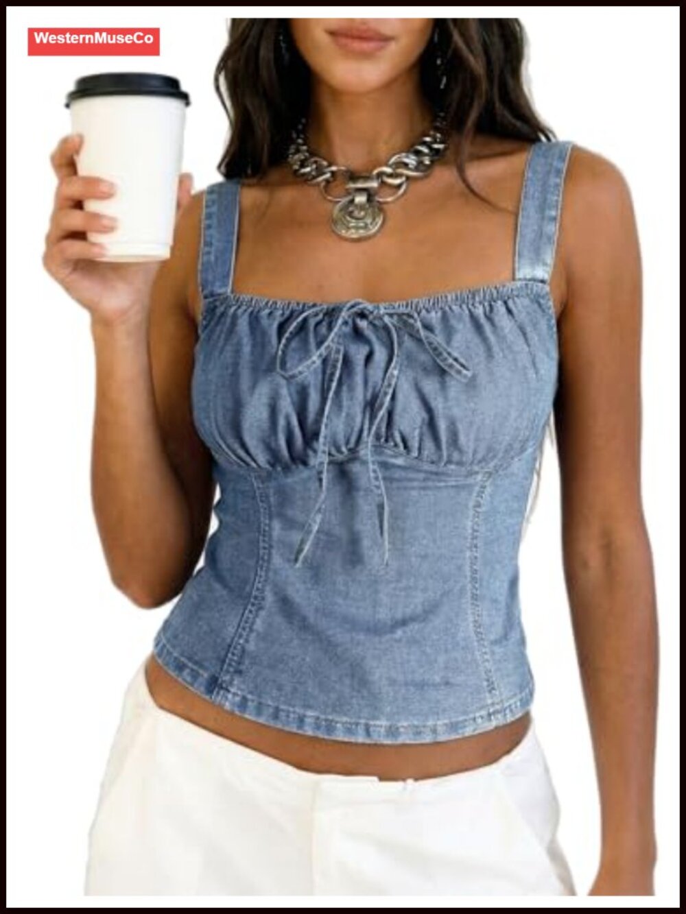 Denim Corset Tank Top Smocked Back Square Neck Front Bow Sleeveless Vest